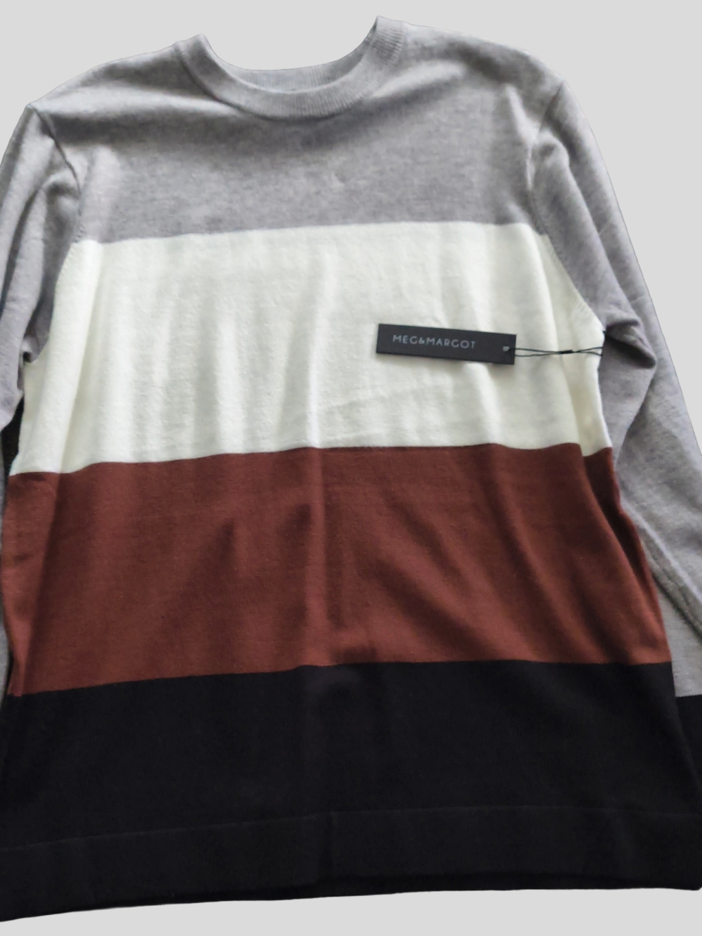 Women’s Crewneck Colorblock Sweater — Gray, White, Brown, Black